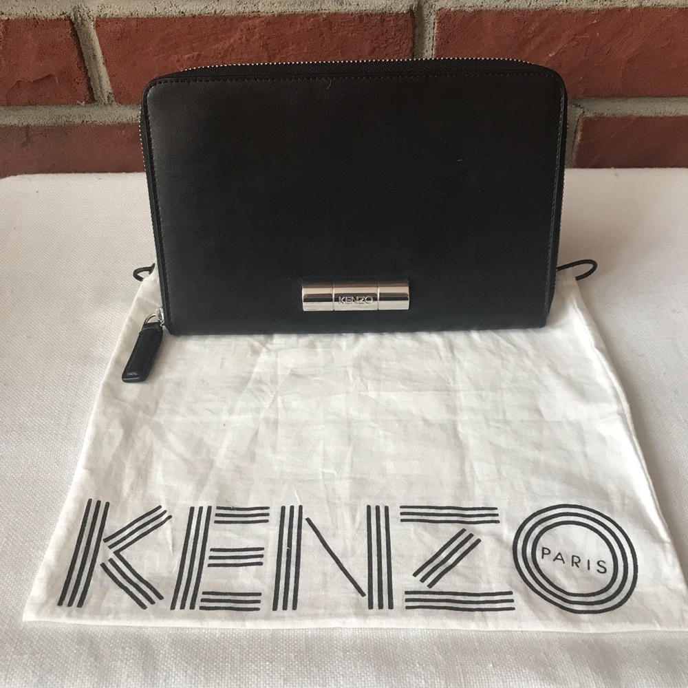 •Kenzo Black Leather Zip Clutch Travel Wallet Organizer